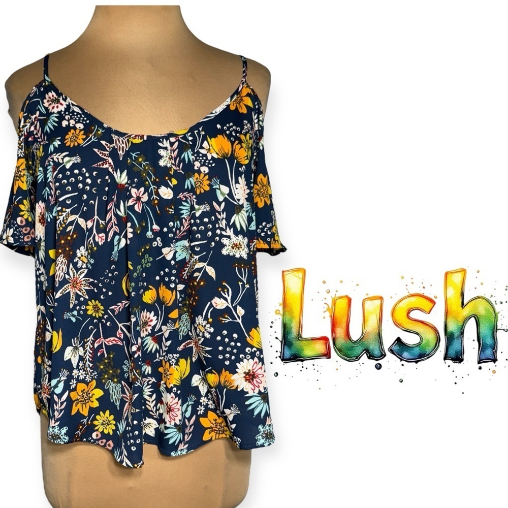 Lush Stitch Fix navy blue multicolor floral cold shoulder tank top size medium - Picture 2 of 9